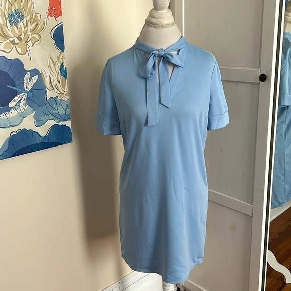 BCBGMAXAZRIA Ice Blue Mini Shirtdress with Tie at the Neckline - Size XS - Picture 2 of 11